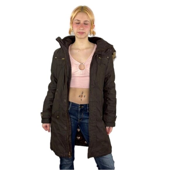 Aritzia TNA Verbier Brown Fleece Lined Long Winter Parka Jacket Small - Picture 1 of 13